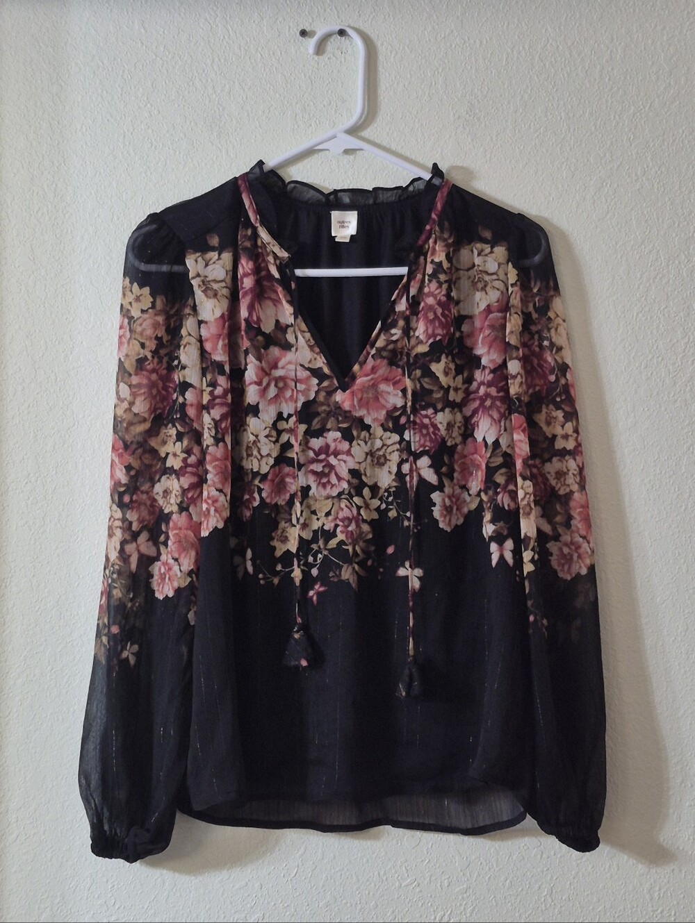 Women's Black Sheer Floral Tie-Neck Blouse - Pink Floral